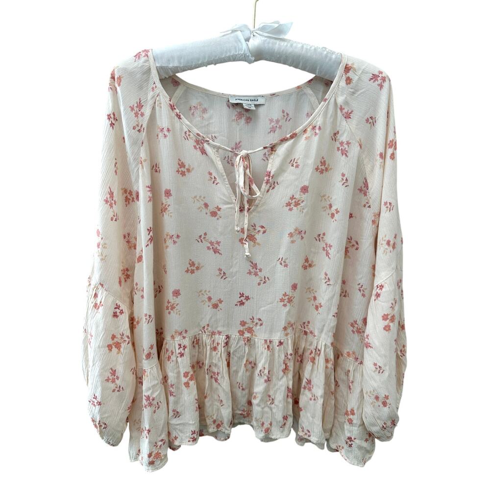 AMERICAN EAGLE Peasant Blouse Cream Pink Floral Boho Ruffle Hem Top NWT | Large